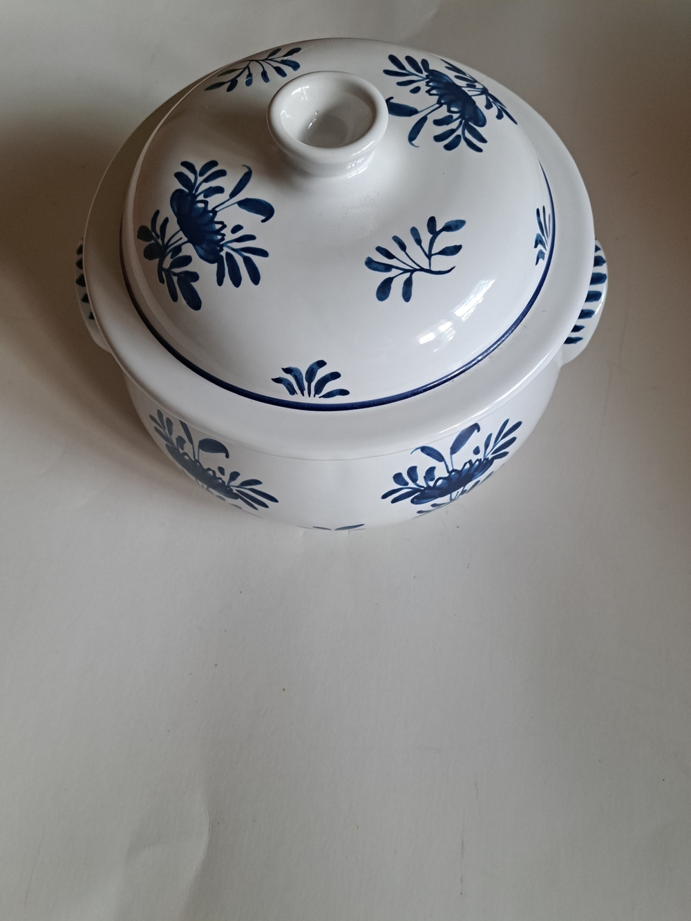 Vintage Handpainted Blue and White Ceramic Covered Casserole Bowl